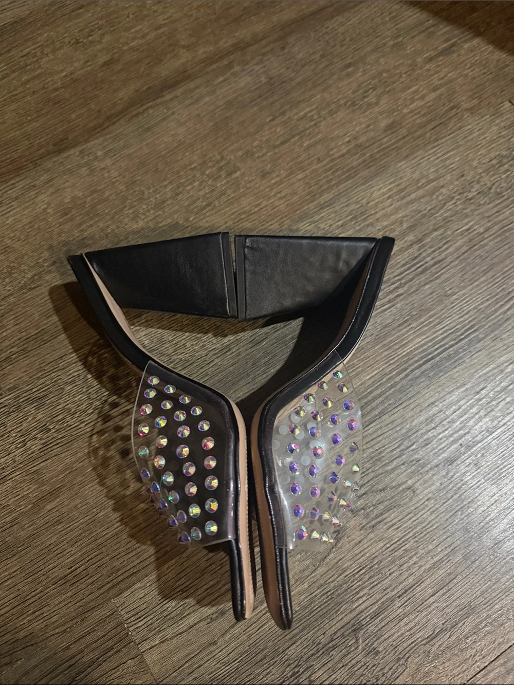 SCHUTZ Black Heeled Mules with Iridescent Gem Accents